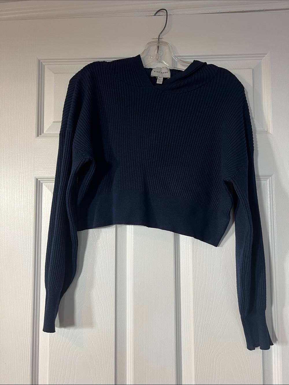 Pink Rose Navy Ribbed Cropped Hoodie